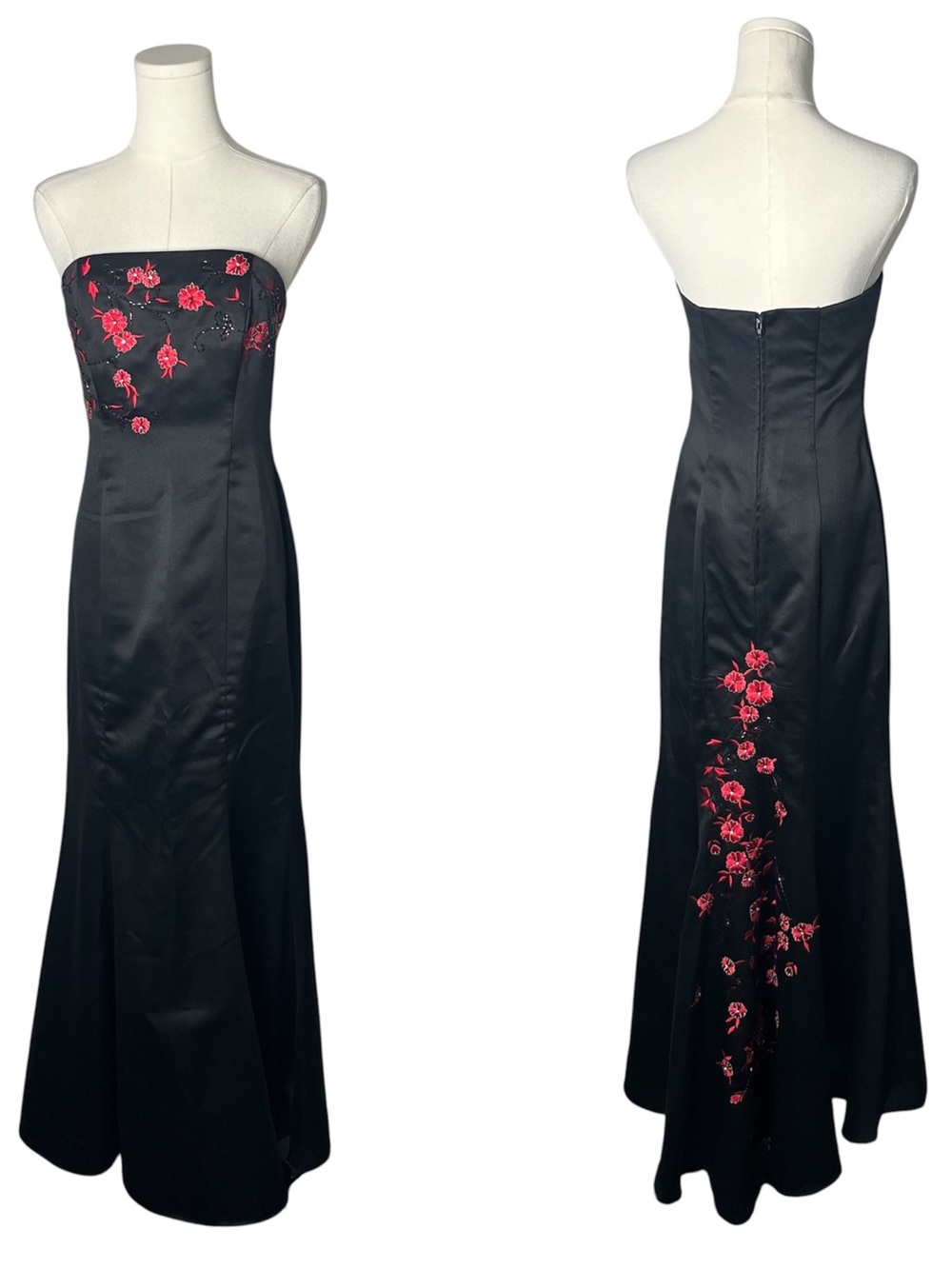 90s Vintage Betsy & Adam Black Satin Red Floral Beaded Strapless Prom Dress Gown